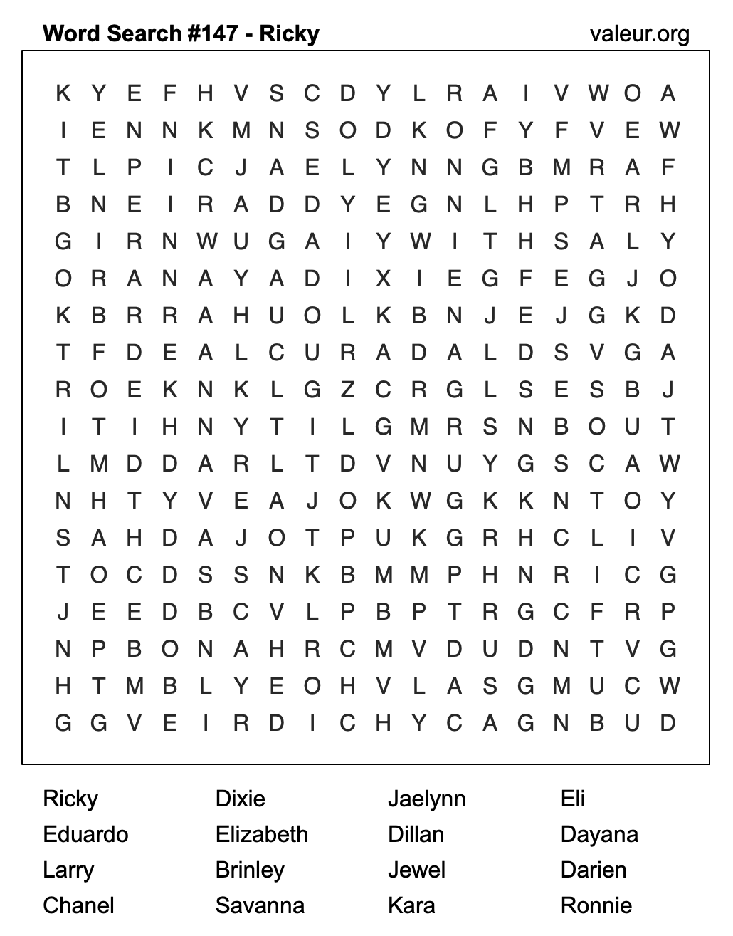 Word Search Puzzle with the name Ricky #147
