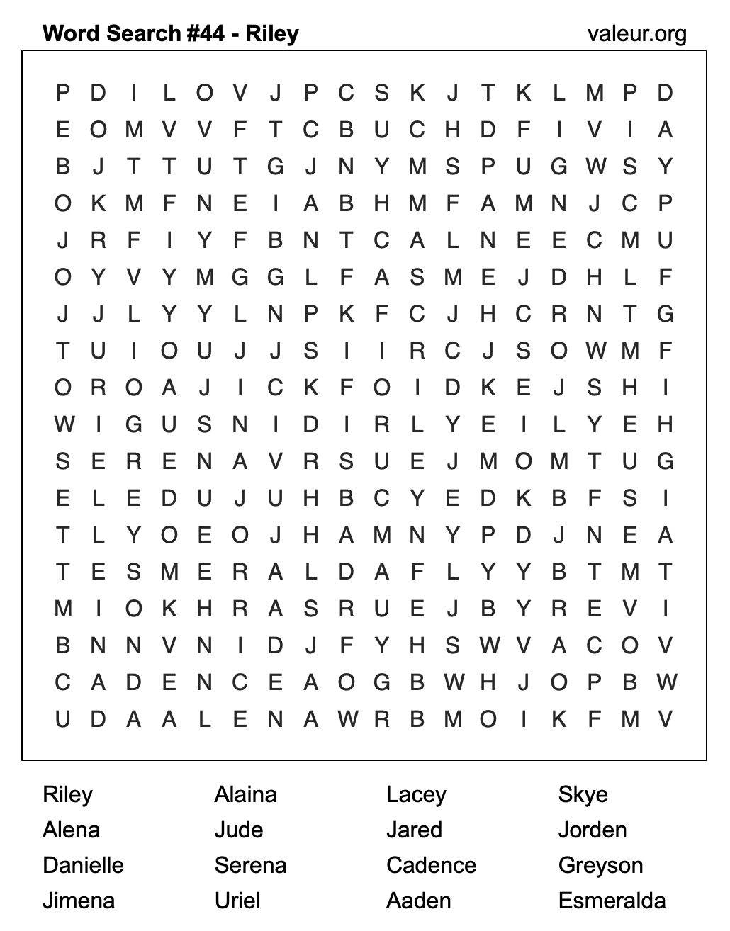 Word Search Puzzle with the name Riley #44