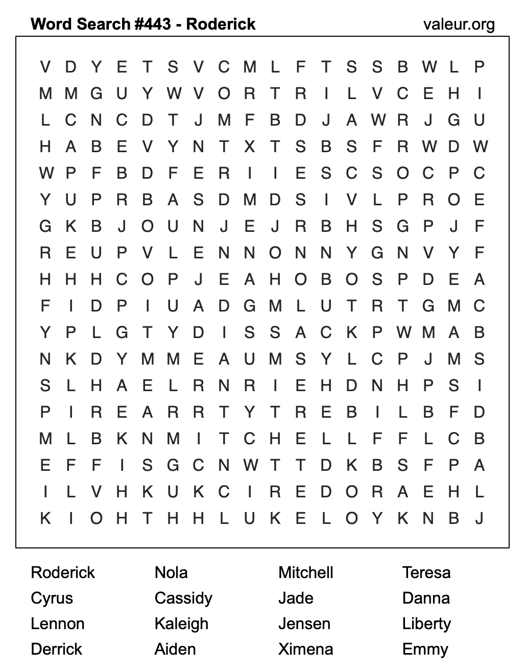 Word Search Puzzle with the name Roderick #443