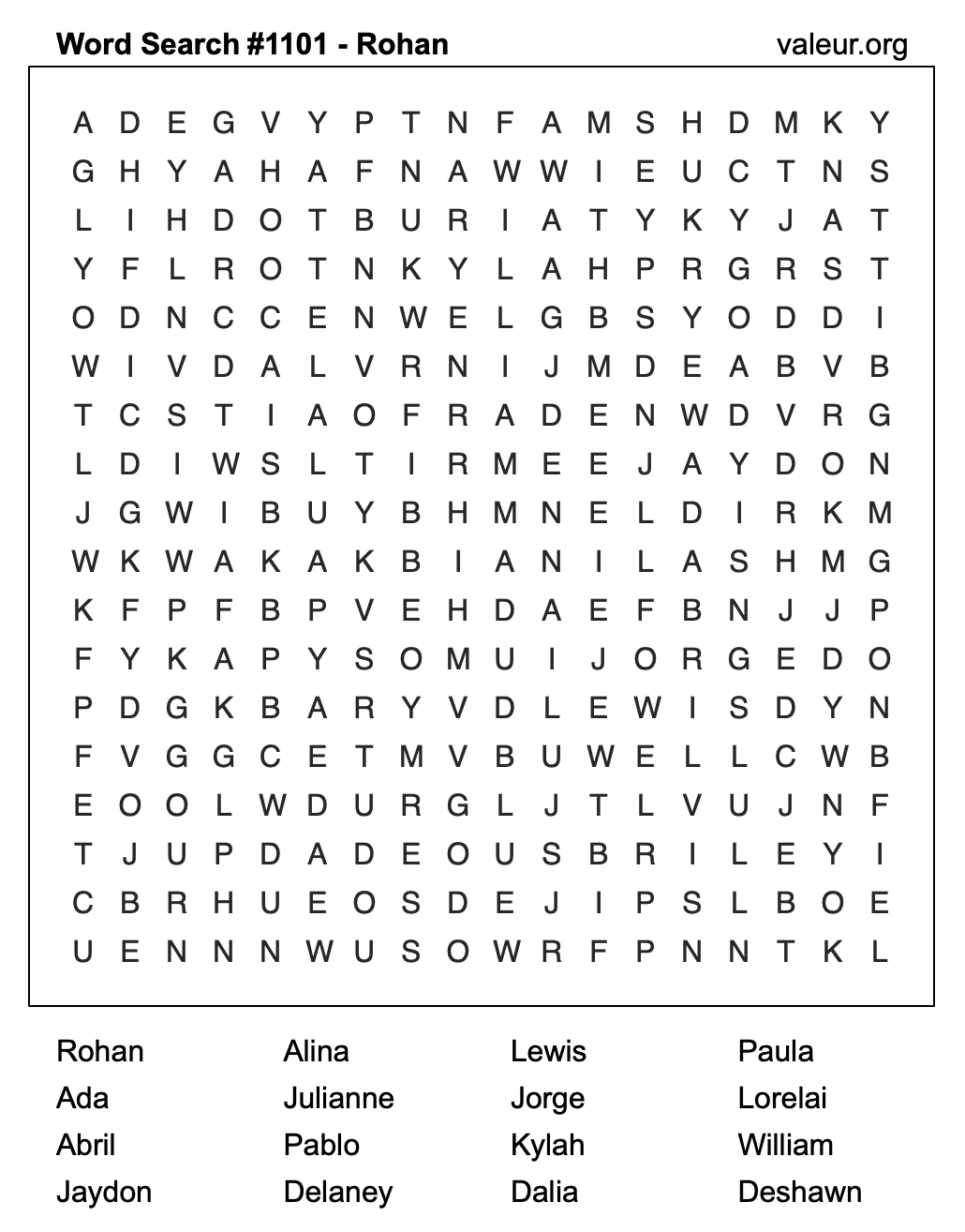 Word Search Puzzle with the name Rohan #1101