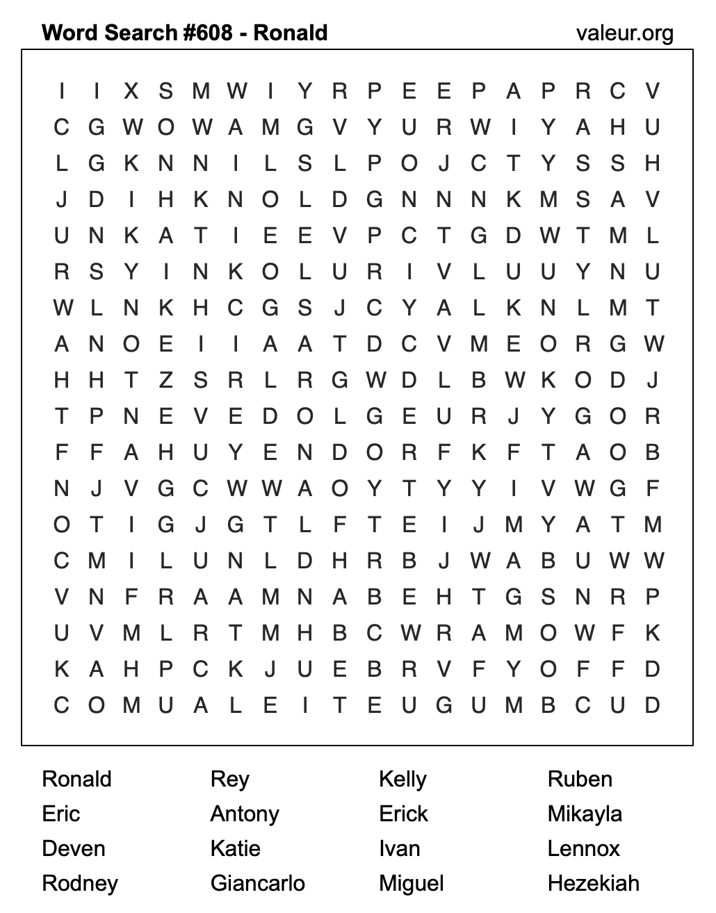 Word Search Puzzle with the name Ronald #608