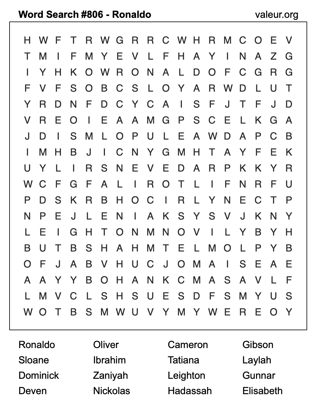 Word Search Puzzle with the name Ronaldo #806