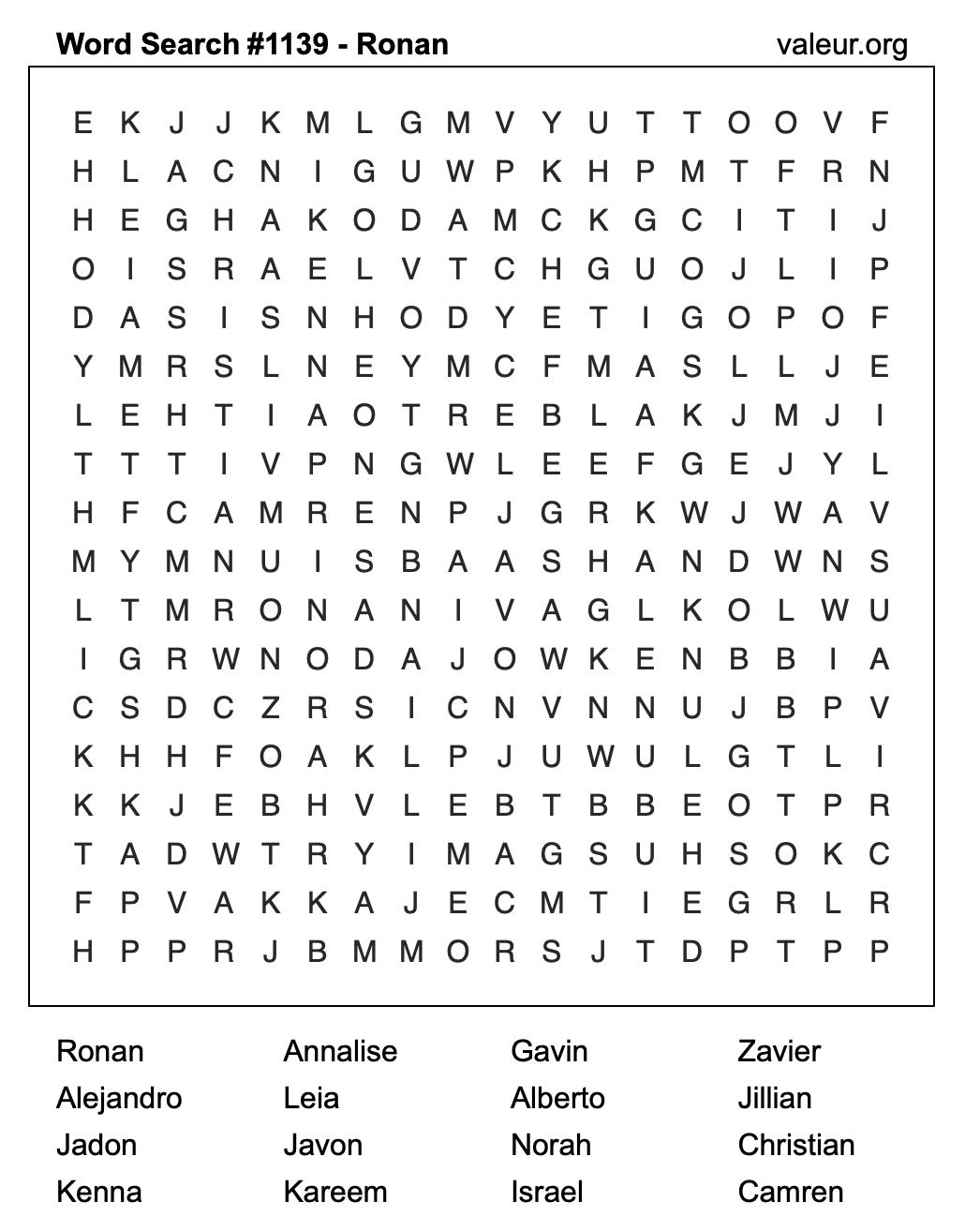 Word Search Puzzle with the name Ronan #1139