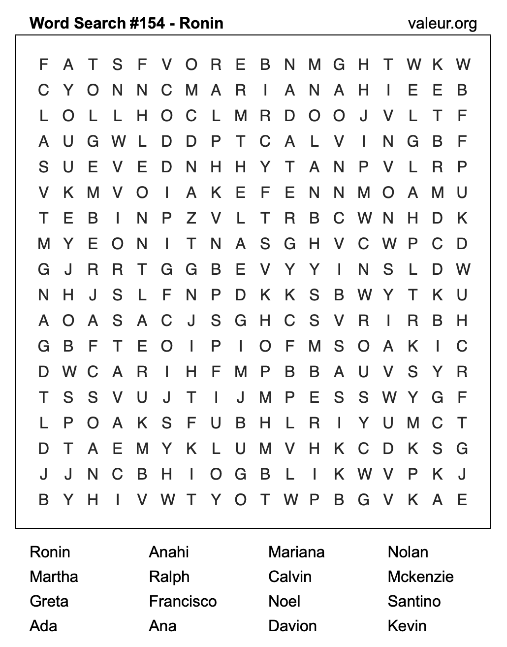 Word Search Puzzle with the name Ronin #154