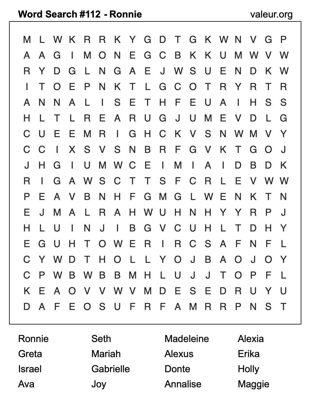 Word Search Puzzle with the name Ronnie #112