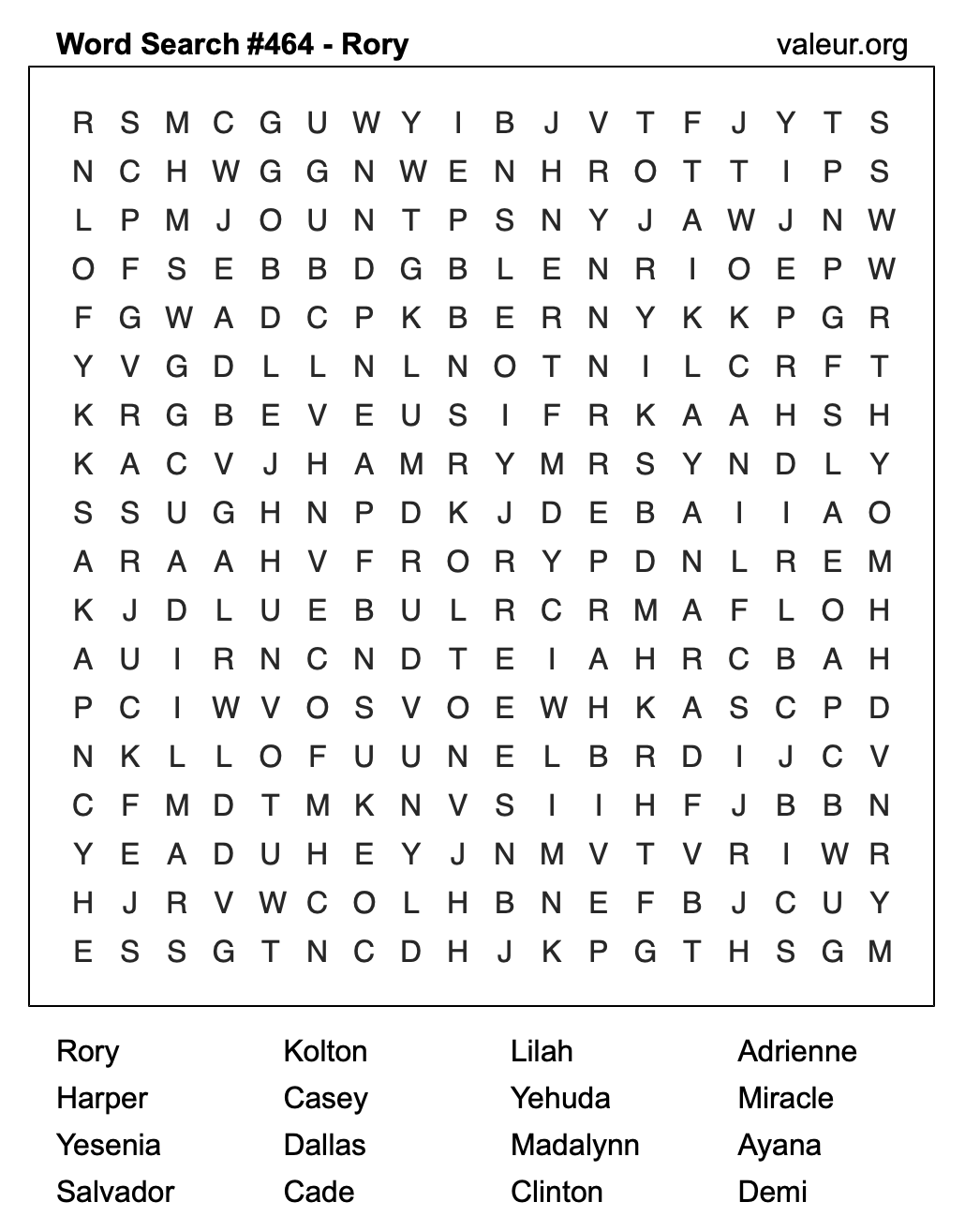Word Search Puzzle with the name Rory #464 Word Search Puzzle with the name Rory #464