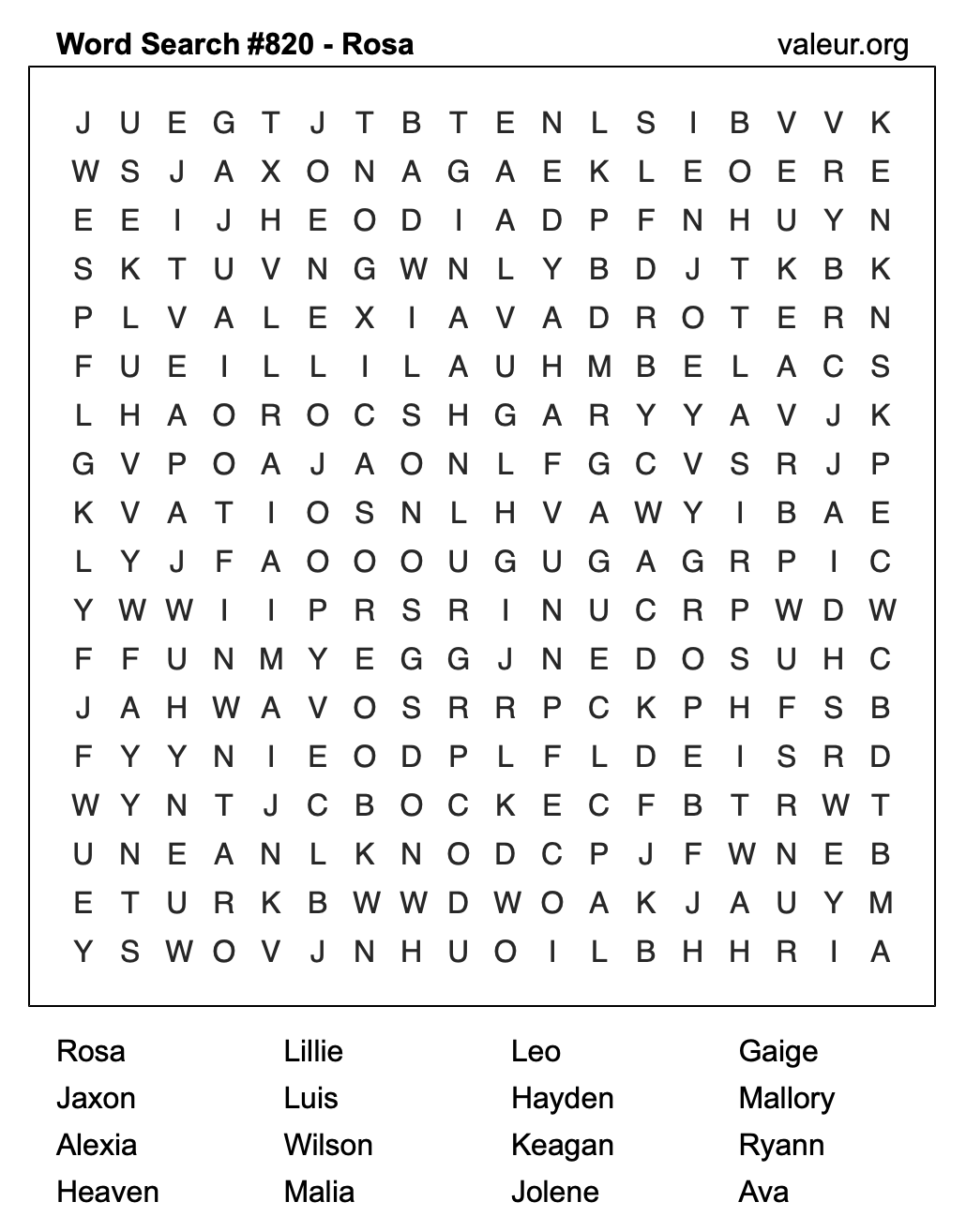 Word Search Puzzle with the name Rosa #820 Word Search Puzzle with the name Rosa #820
