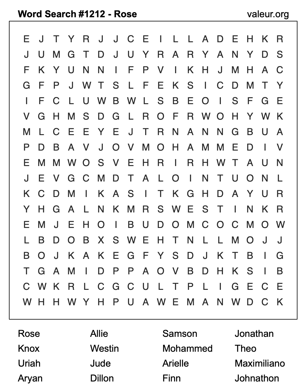 Word Search Puzzle with the name Rose #1212 Word Search Puzzle with the name Rose #1212