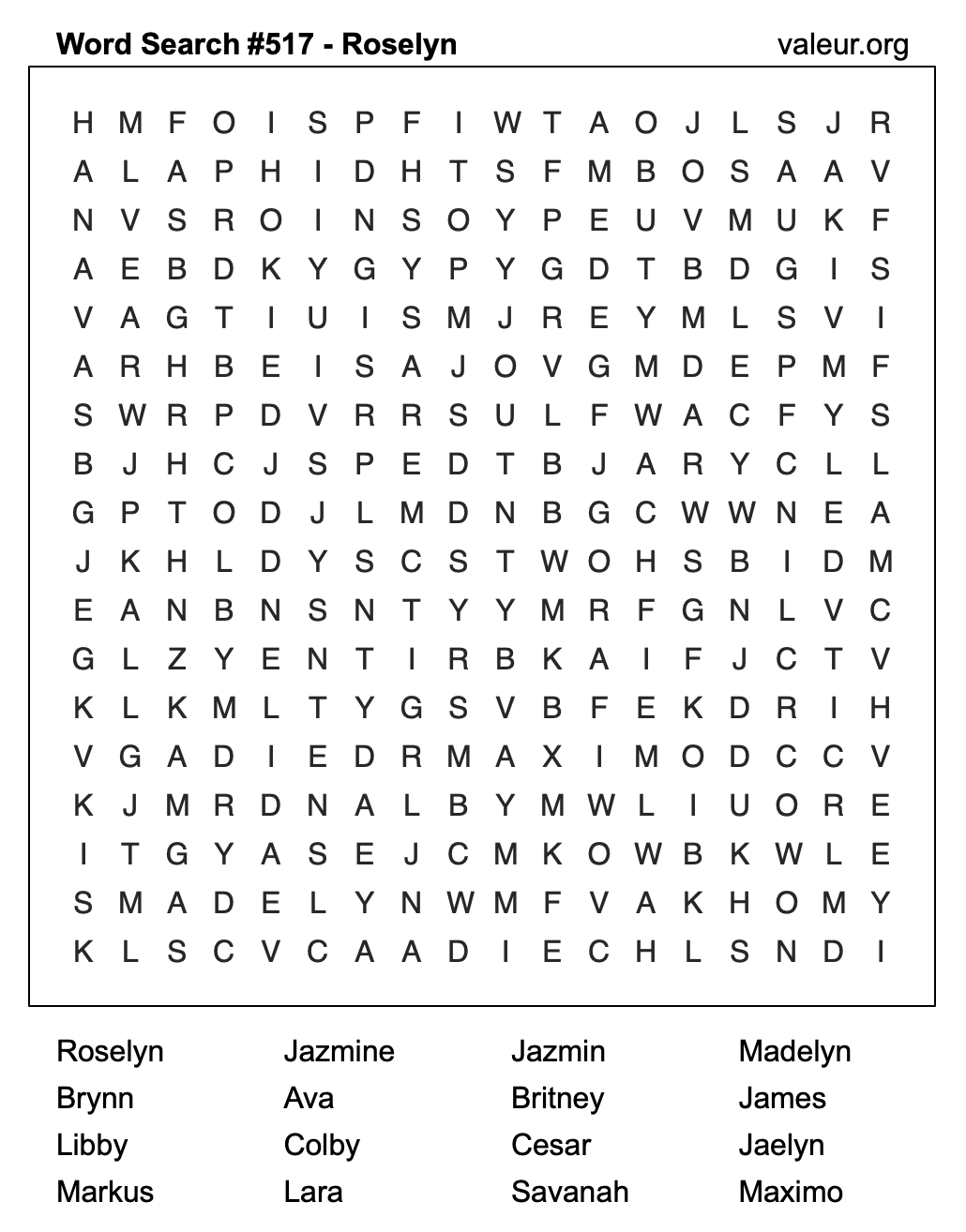 Word Search Puzzle with the name Roselyn #517 Word Search Puzzle with the name Roselyn #517