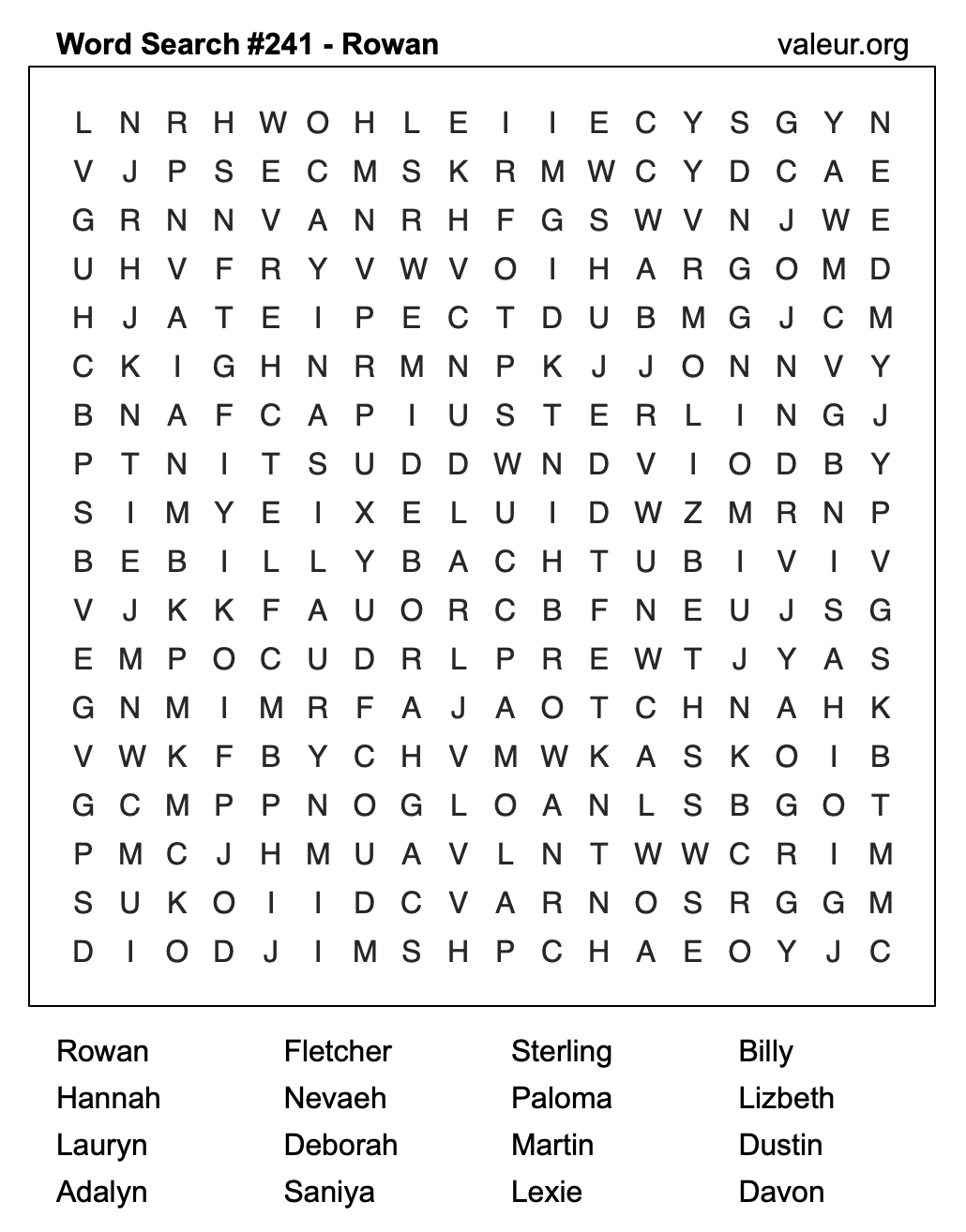 Word Search Puzzle with the name Rowan #241