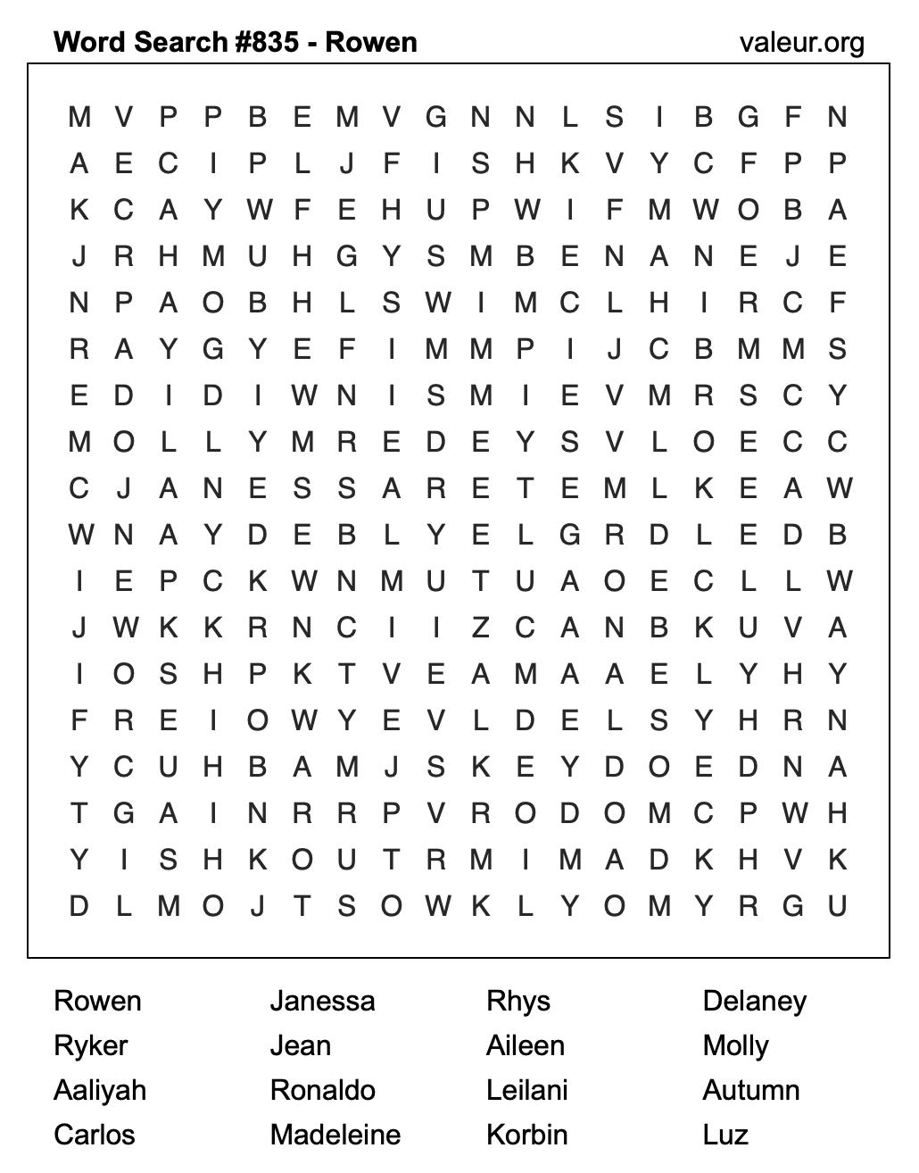 Word Search Puzzle with the name Rowen #835