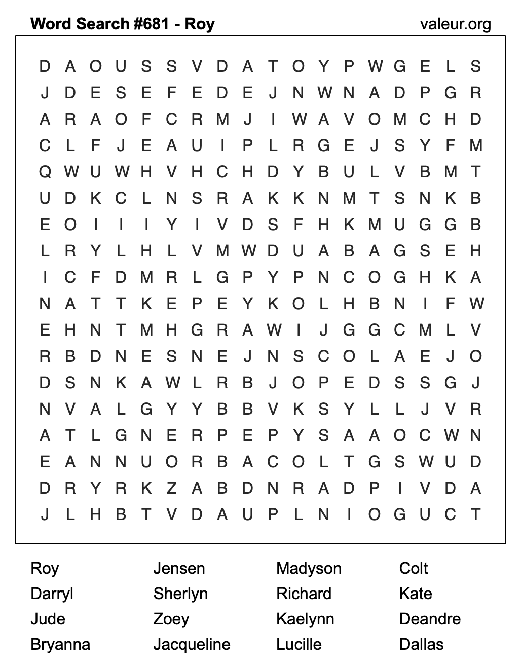Word Search Puzzle with the name Roy #681