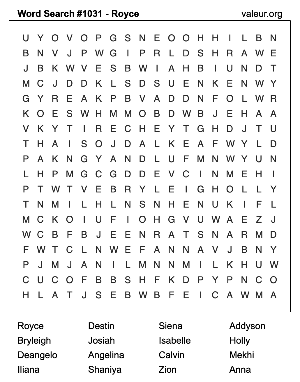 Word Search Puzzle with the name Royce #1031
