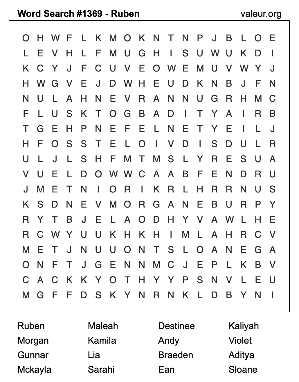 Word Search Puzzle with the name Ruben #1369