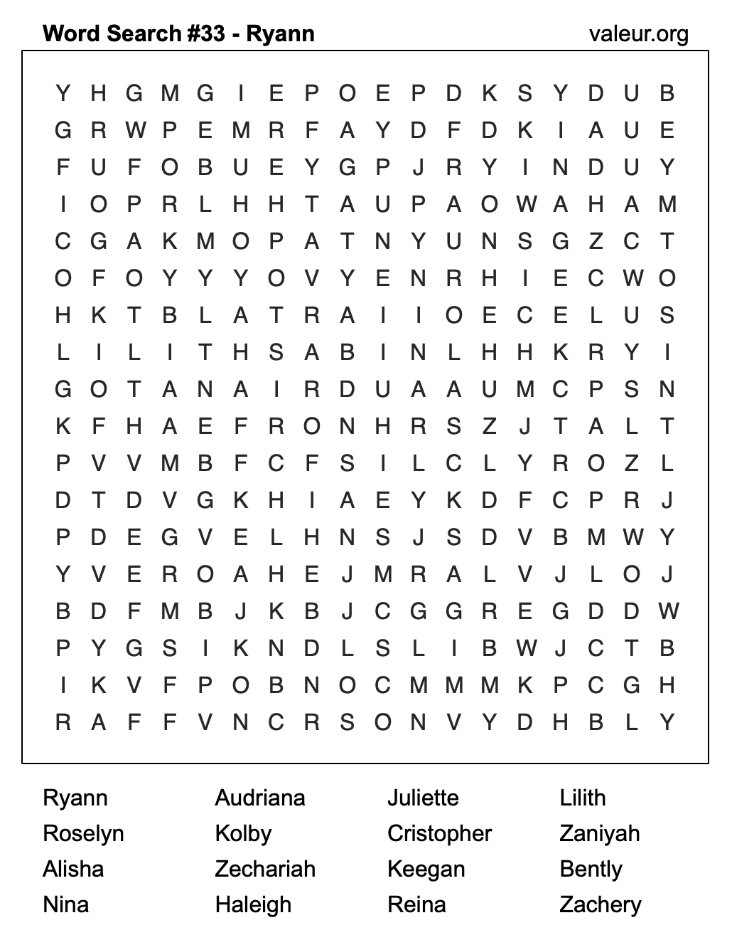 Word Search Puzzle with the name Ryann #33