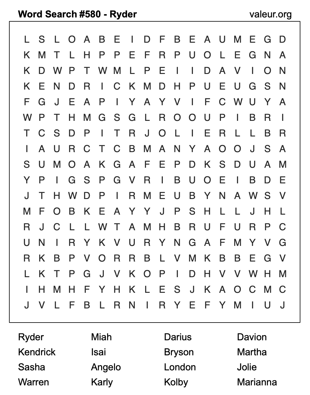 Word Search Puzzle with the name Ryder #580 Word Search Puzzle with the name Ryder #580