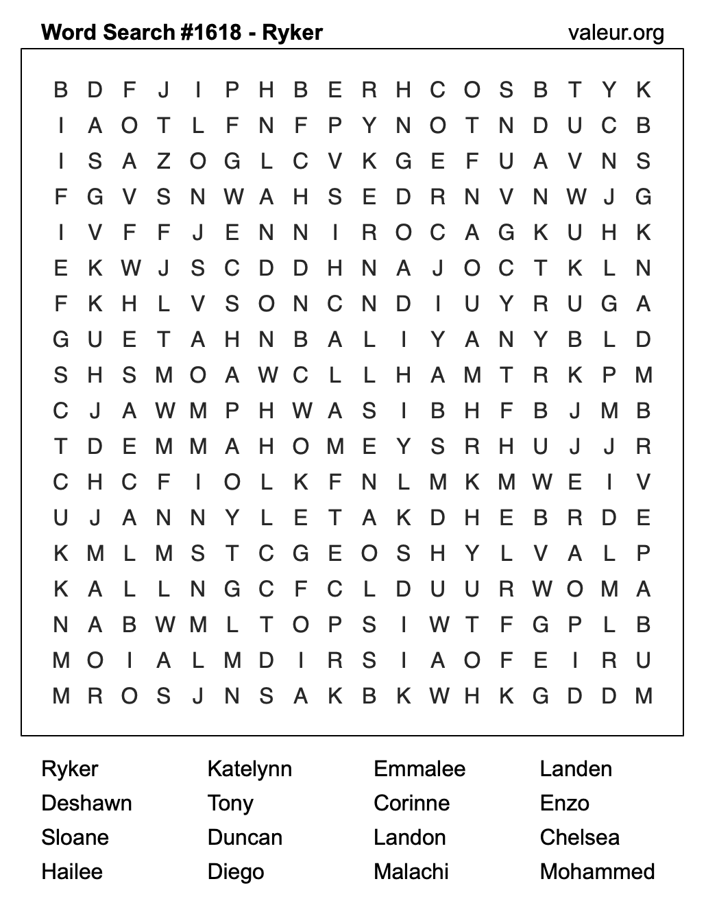 Word Search Puzzle with the name Ryker #1618 Word Search Puzzle with the name Ryker #1618