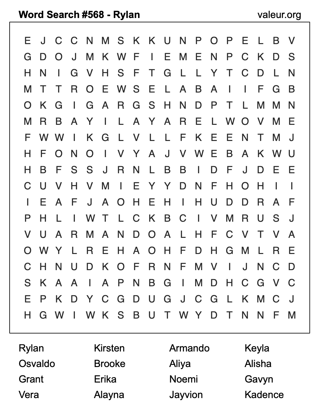 Word Search Puzzle with the name Rylan #568