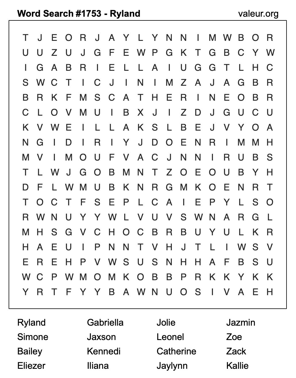 Word Search Puzzle with the name Ryland #1753