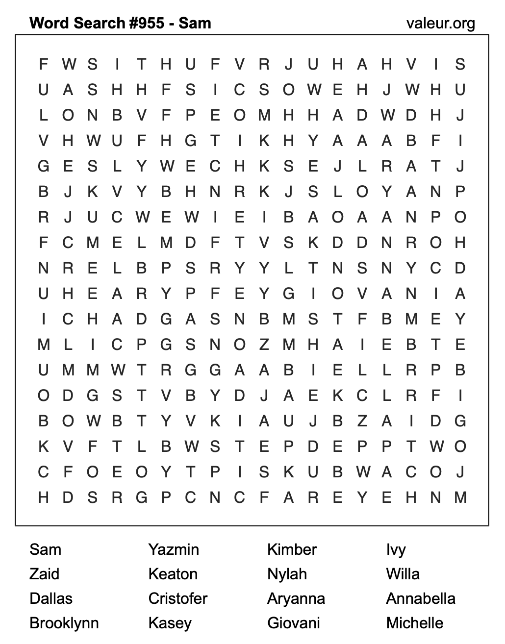 Word Search Puzzle with the name Sam #955 Word Search Puzzle with the name Sam #955