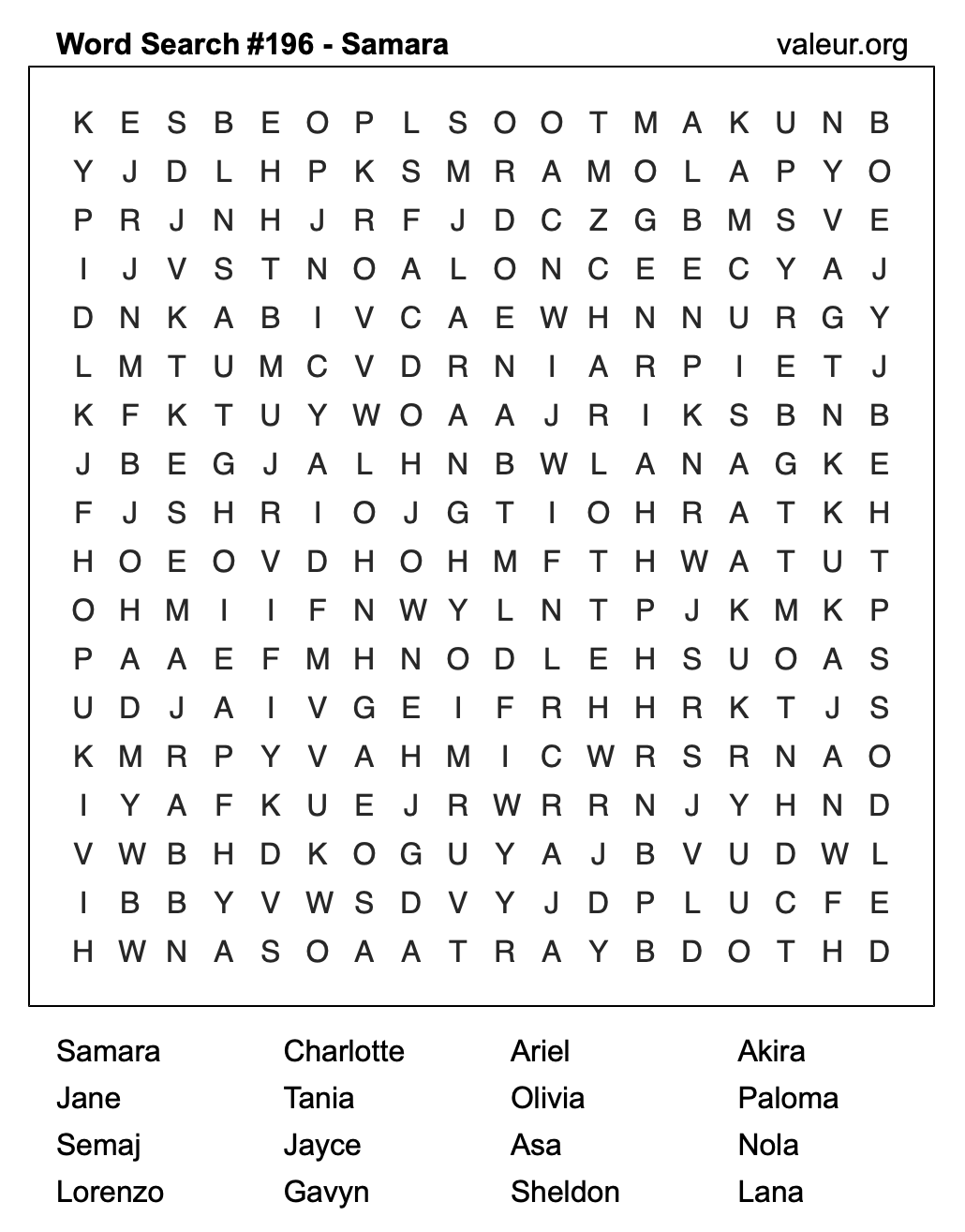 Word Search Puzzle with the name Samara #196 Word Search Puzzle with the name Samara #196