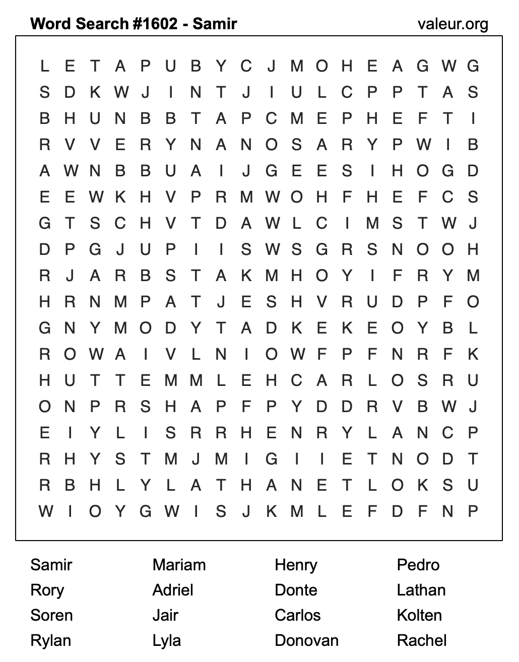 Word Search Puzzle with the name Samir #1602