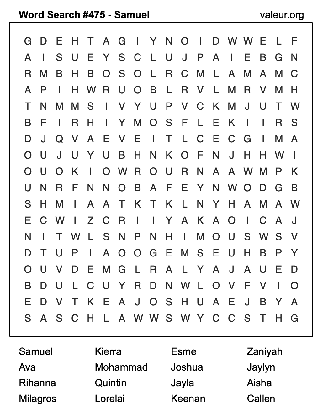 Word Search Puzzle with the name Samuel #475 Word Search Puzzle with the name Samuel #475