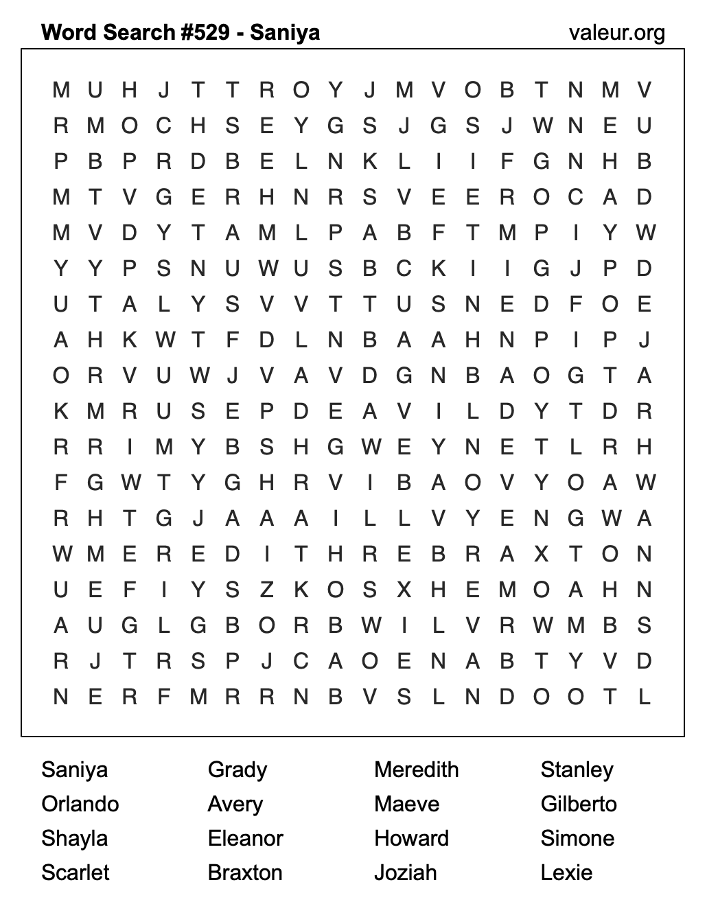 Word Search Puzzle with the name Saniya #529