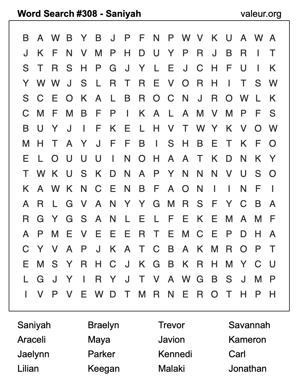 Word Search Puzzle with the name Saniyah #308