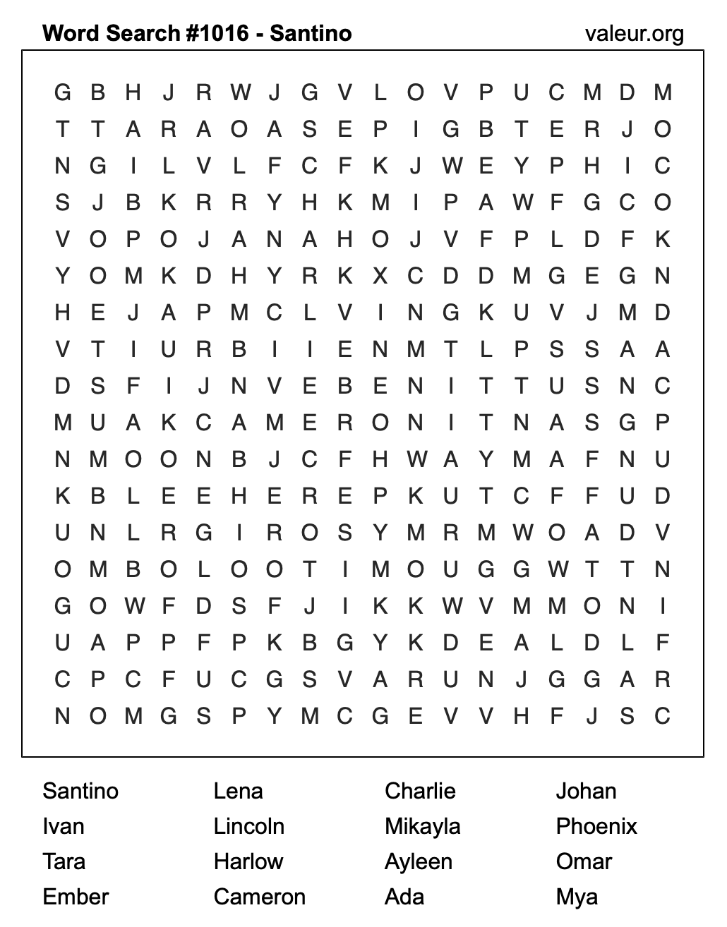 Word Search Puzzle with the name Santino #1016