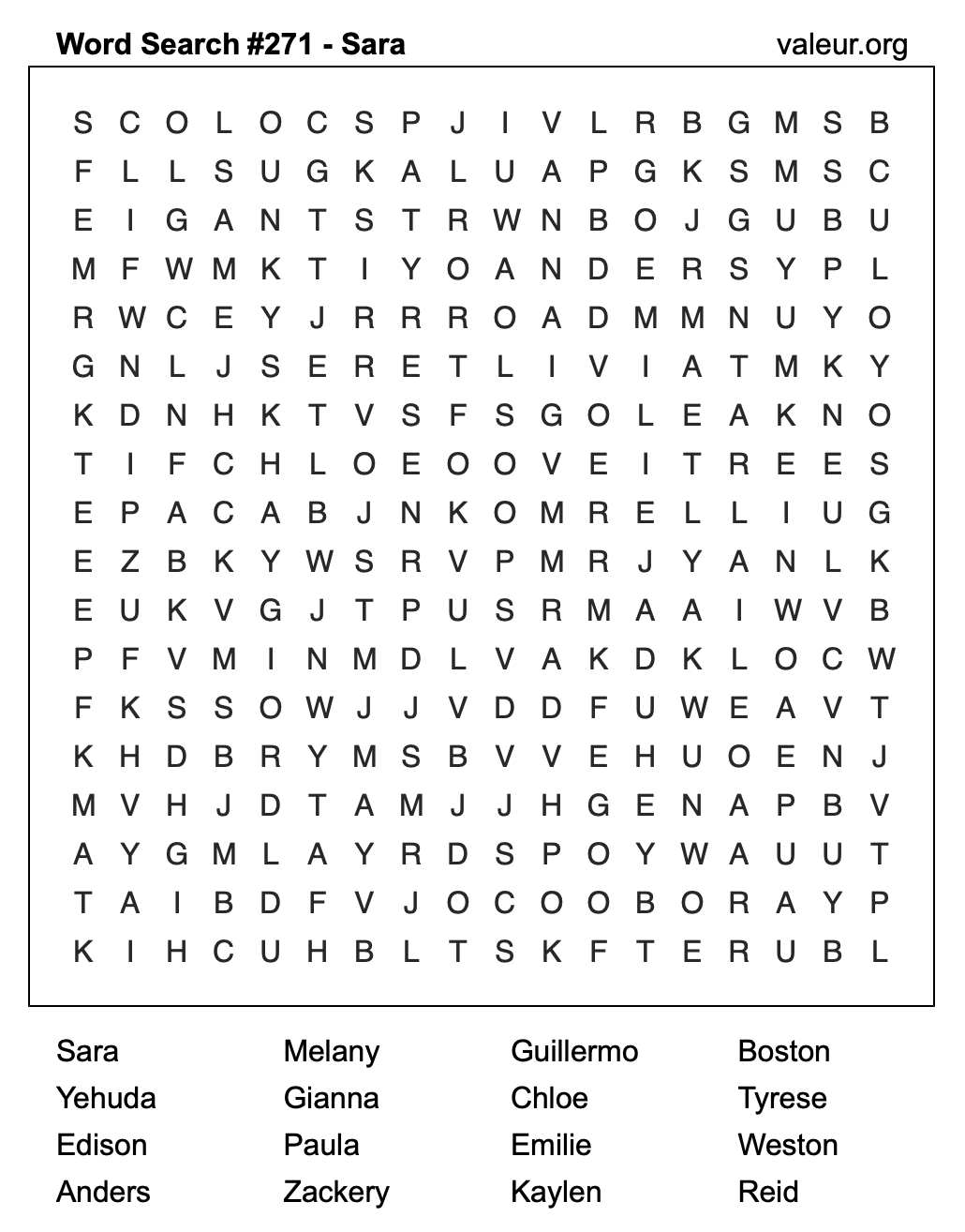 Word Search Puzzle with the name Sara #271