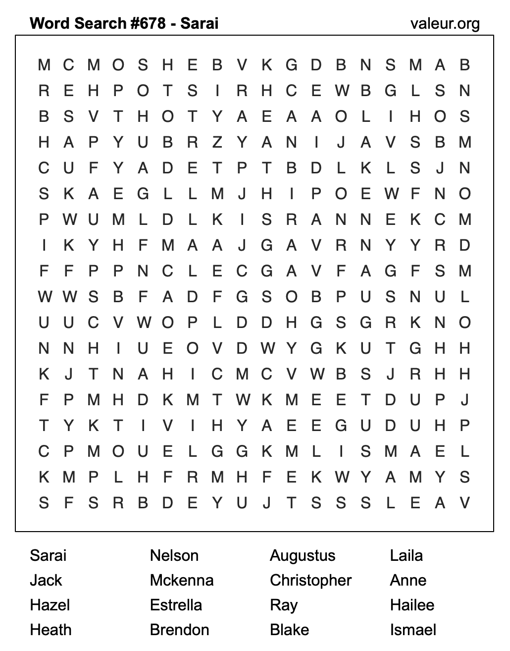 Word Search Puzzle with the name Sarai #678 Word Search Puzzle with the name Sarai #678