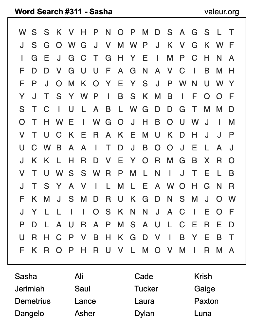 Word Search Puzzle with the name Sasha #311