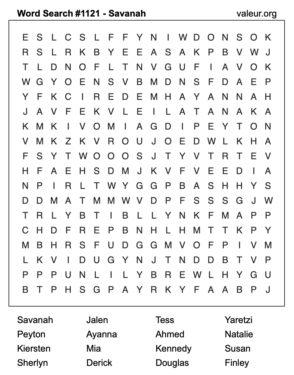 Word Search Puzzle with the name Savanah #1121 Word Search Puzzle with the name Savanah #1121