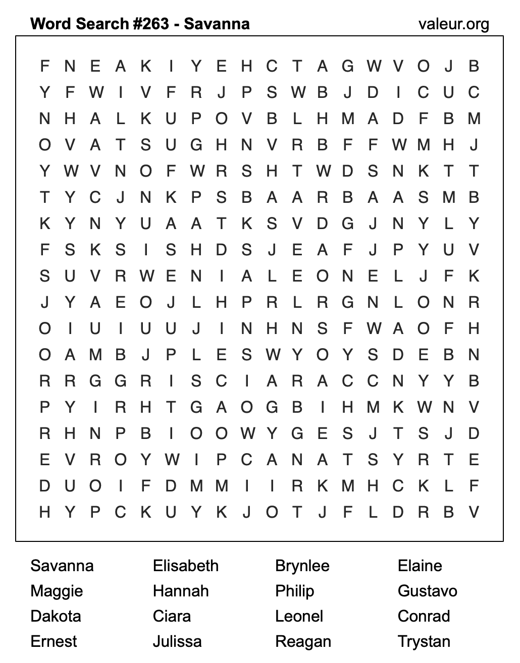 Word Search Puzzle with the name Savanna #263