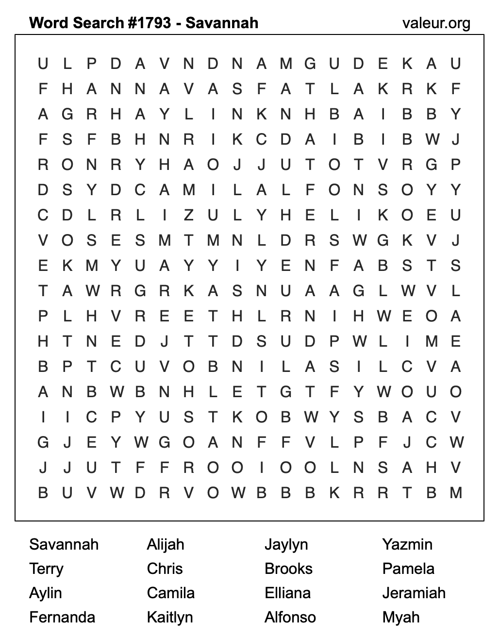 Word Search Puzzle with the name Savannah #1793