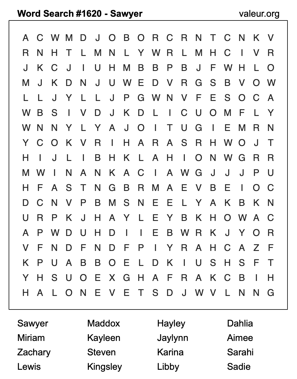 Word Search Puzzle with the name Sawyer #1620 Word Search Puzzle with the name Sawyer #1620