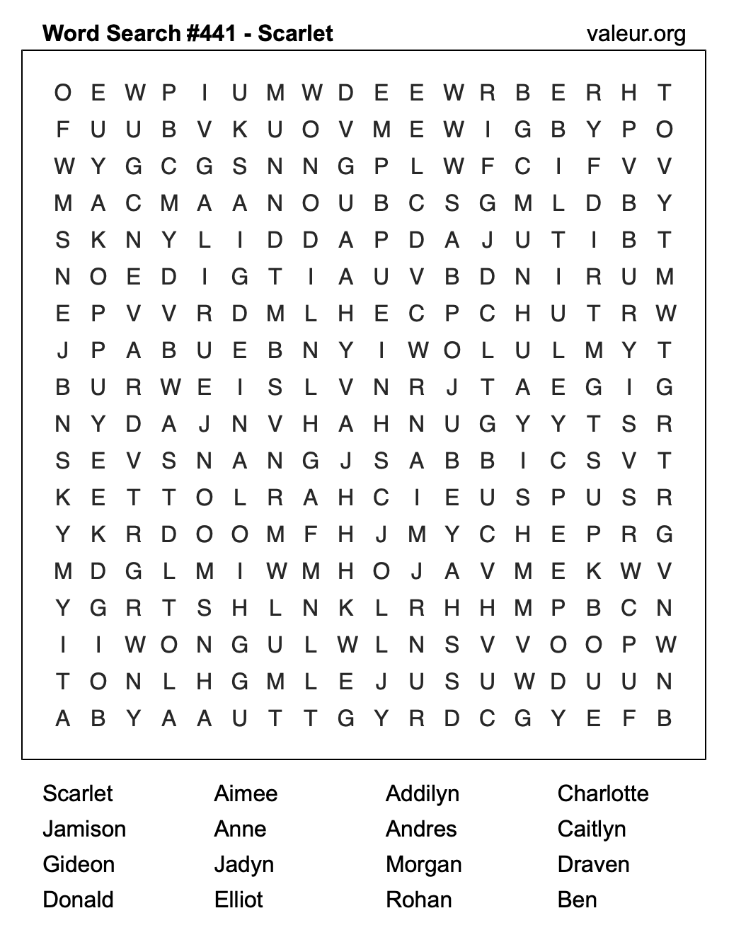 Word Search Puzzle with the name Scarlet #441