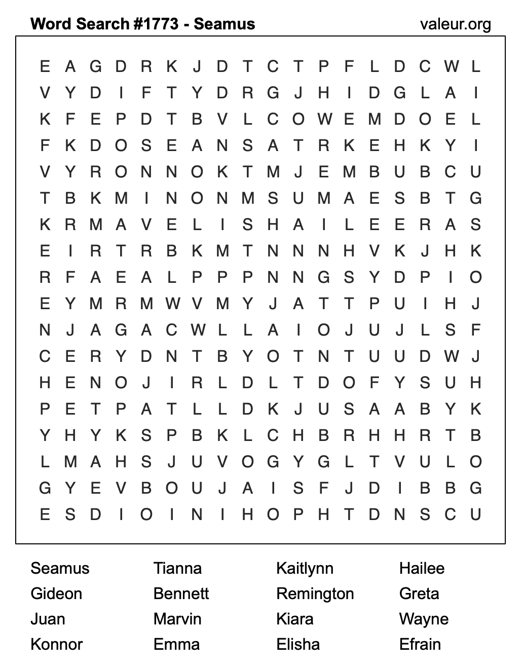 Word Search Puzzle with the name Seamus #1773