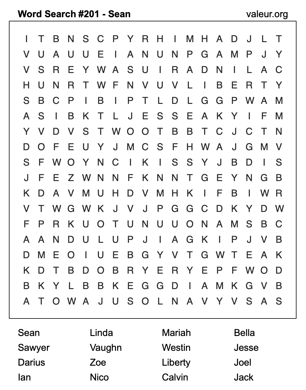 Word Search Puzzle with the name Sean #201 Word Search Puzzle with the name Sean #201