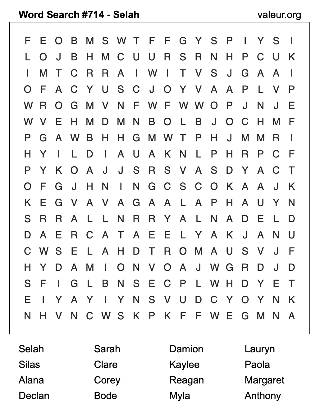 Word Search Puzzle with the name Selah #714 Word Search Puzzle with the name Selah #714