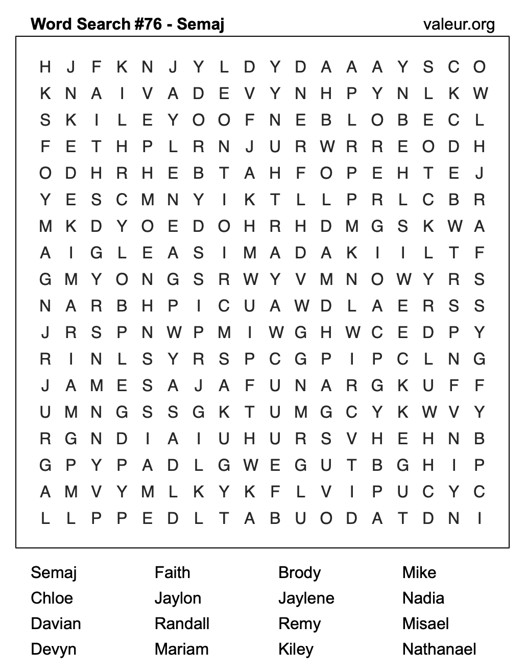 Word Search Puzzle with the name Semaj #76 Word Search Puzzle with the name Semaj #76
