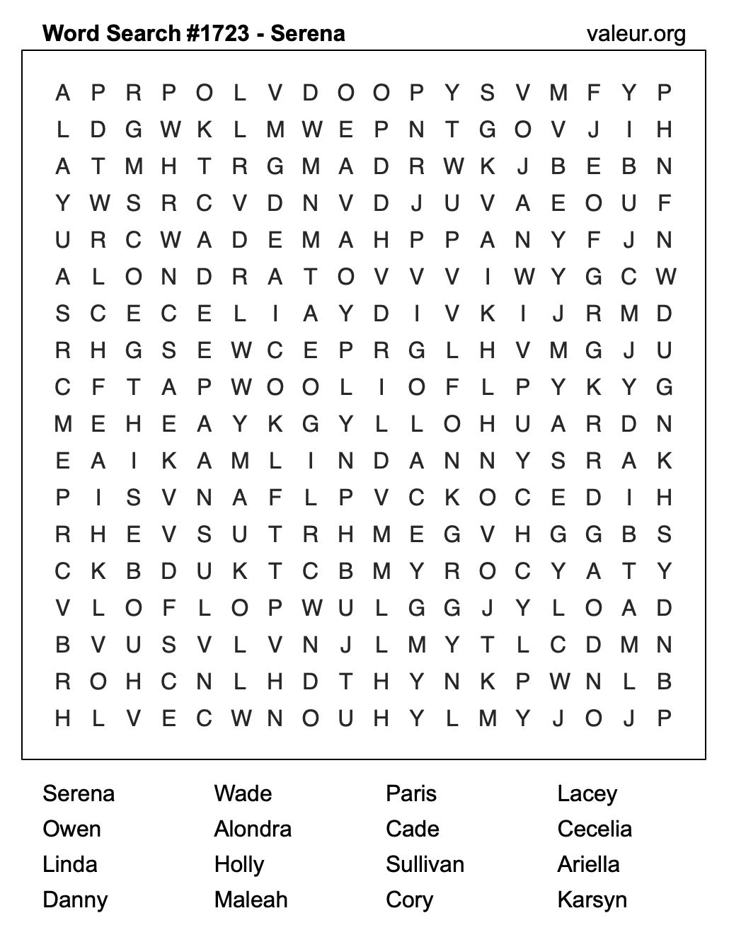 Word Search Puzzle with the name Serena #1723