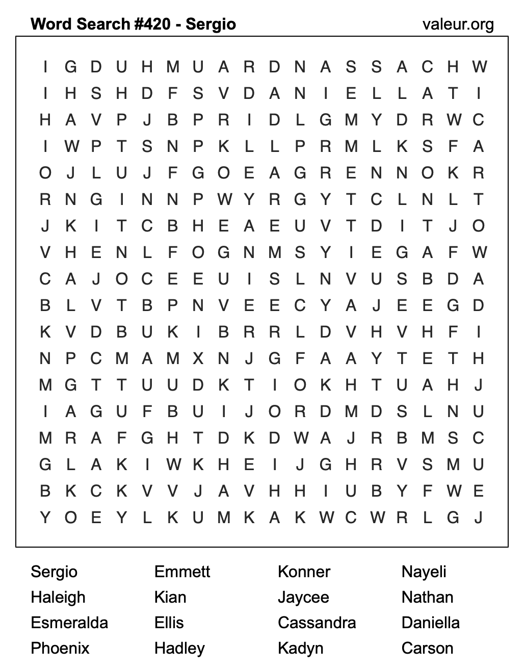 Word Search Puzzle with the name Sergio #420