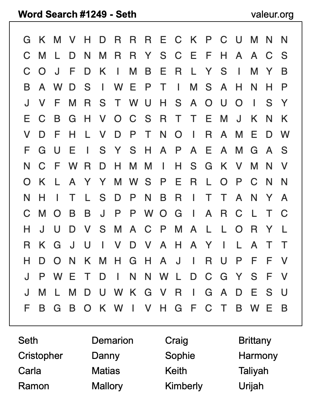 Word Search Puzzle with the name Seth #1249