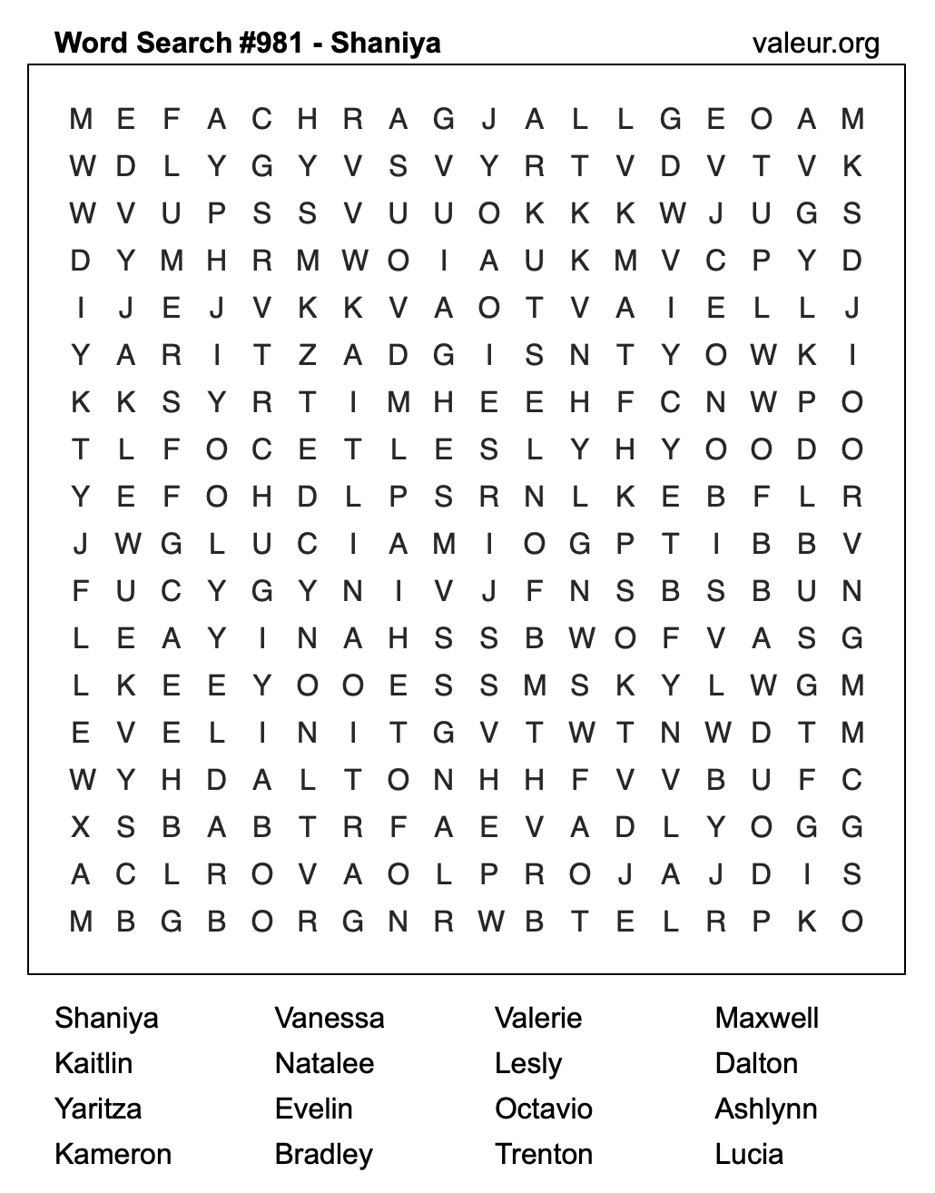 Word Search Puzzle with the name Shaniya #981 Word Search Puzzle with the name Shaniya #981