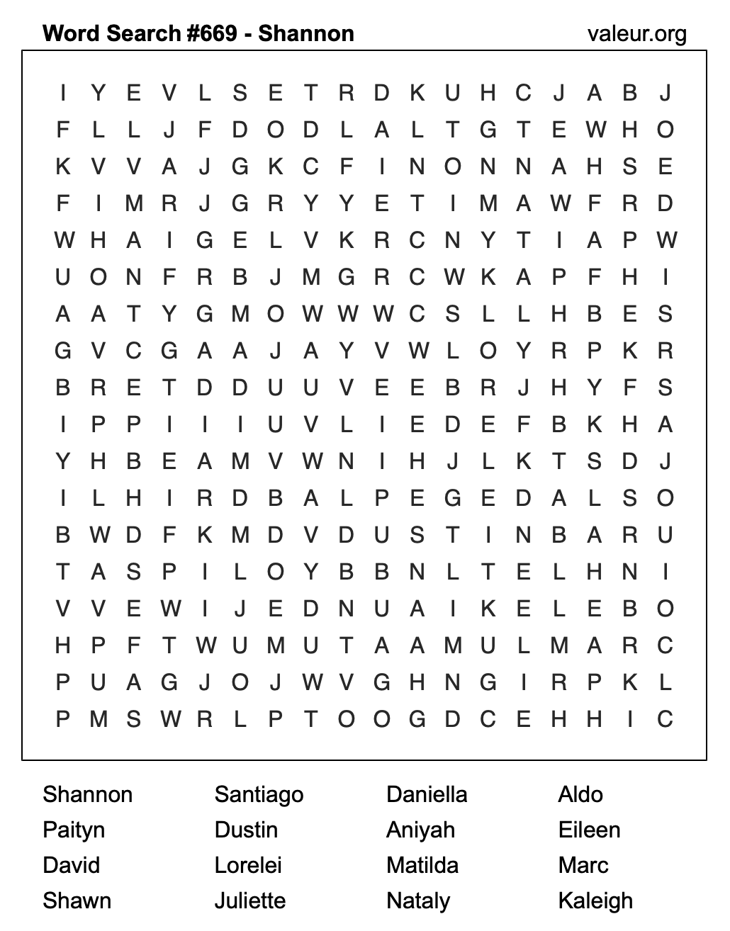 Word Search Puzzle with the name Shannon #669
