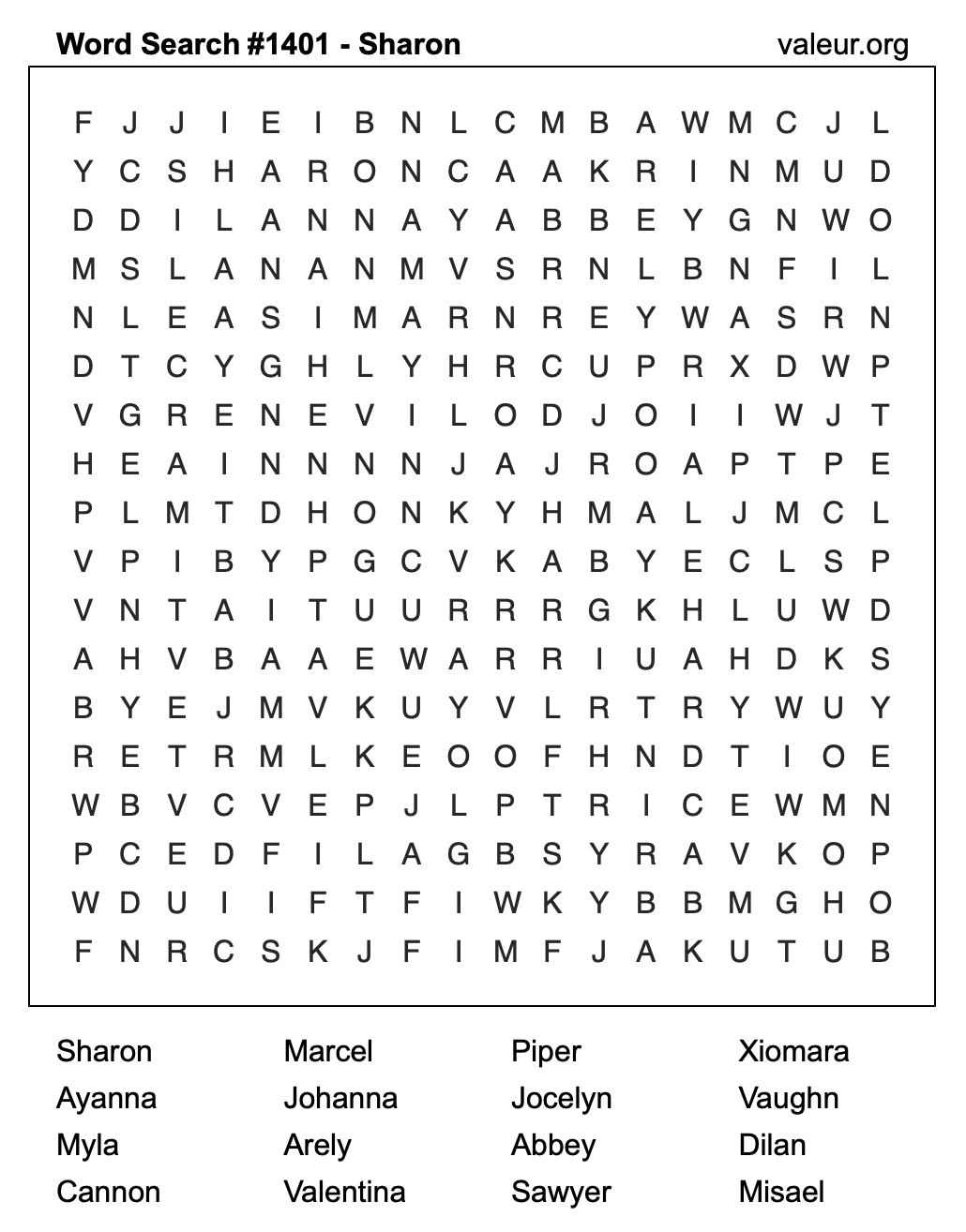 Word Search Puzzle with the name Sharon #1401