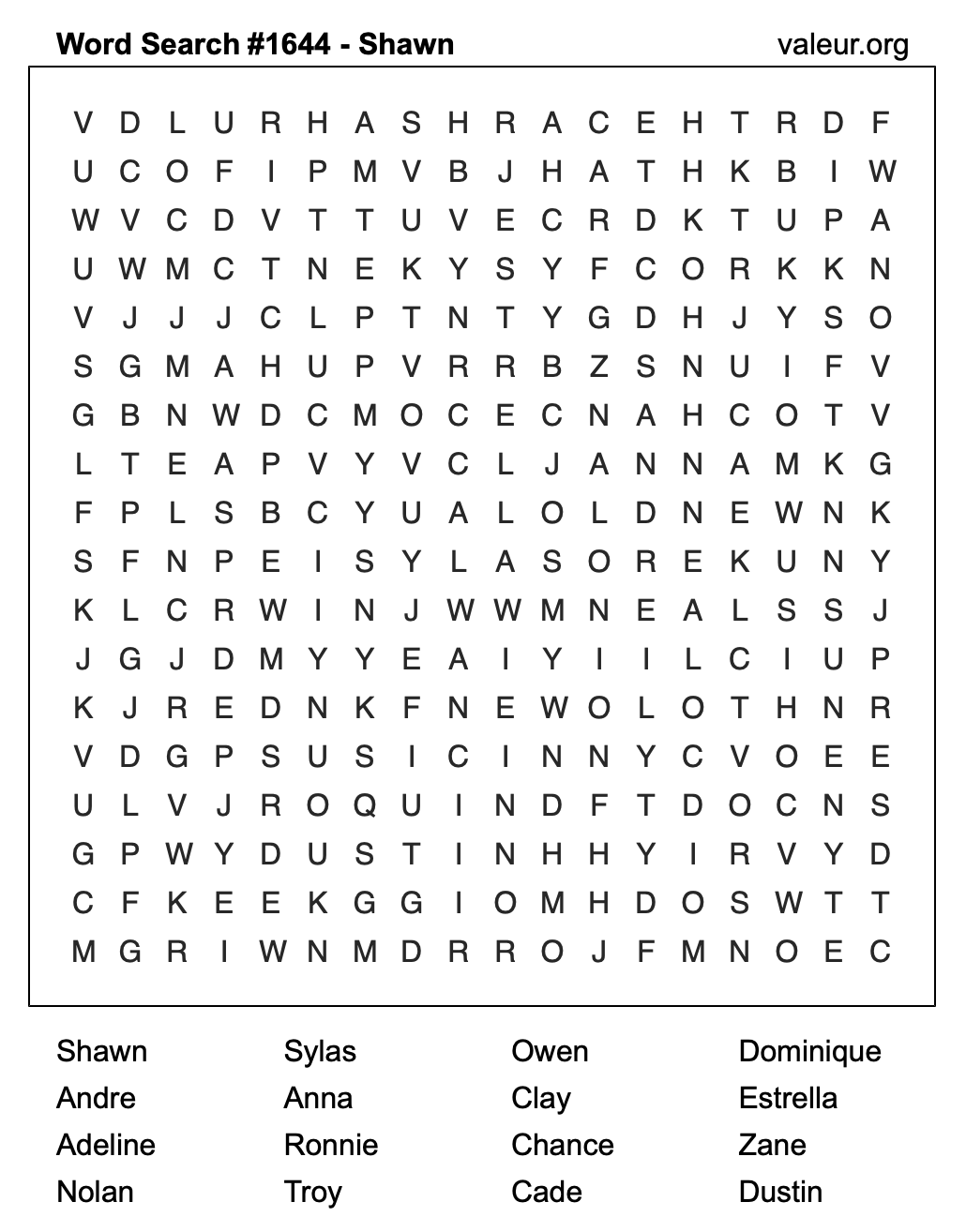 Word Search Puzzle with the name Shawn #1644