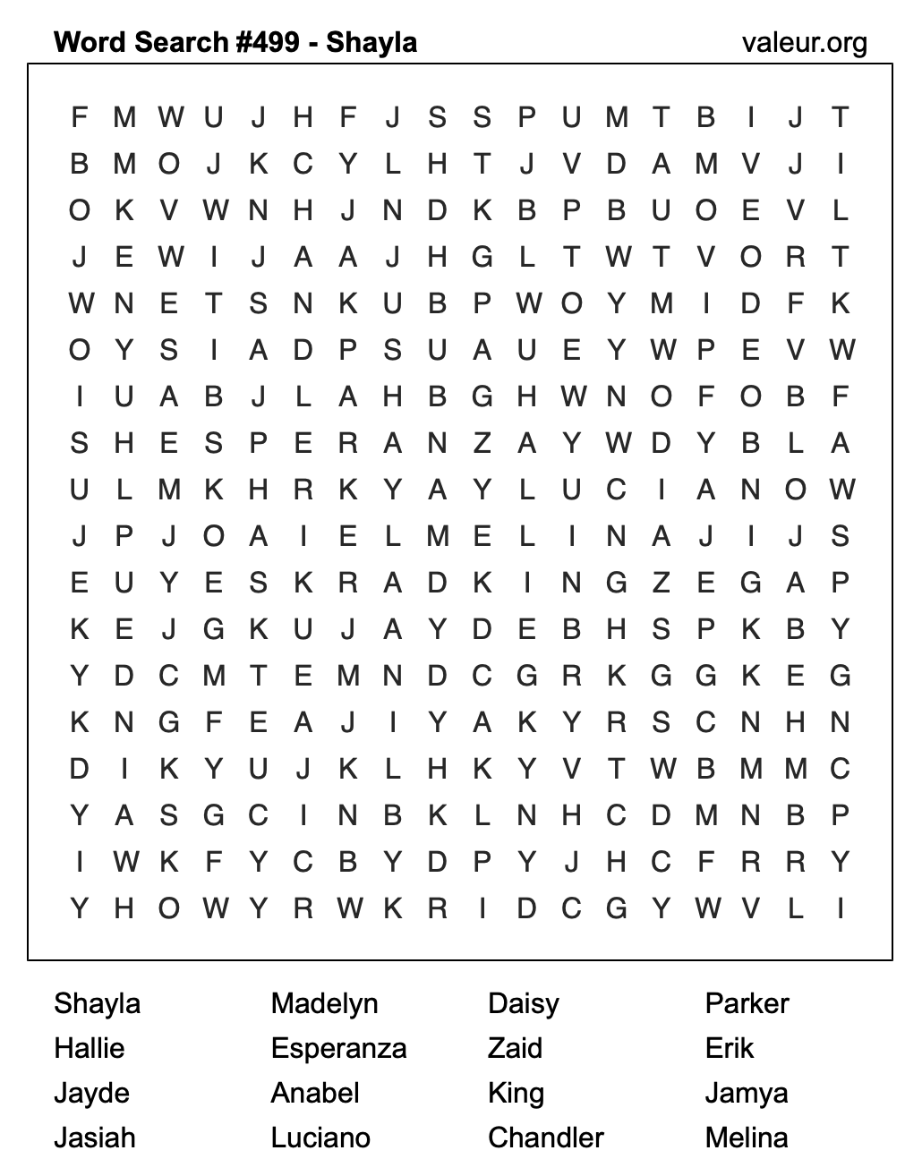 Word Search Puzzle with the name Shayla #499 Word Search Puzzle with the name Shayla #499
